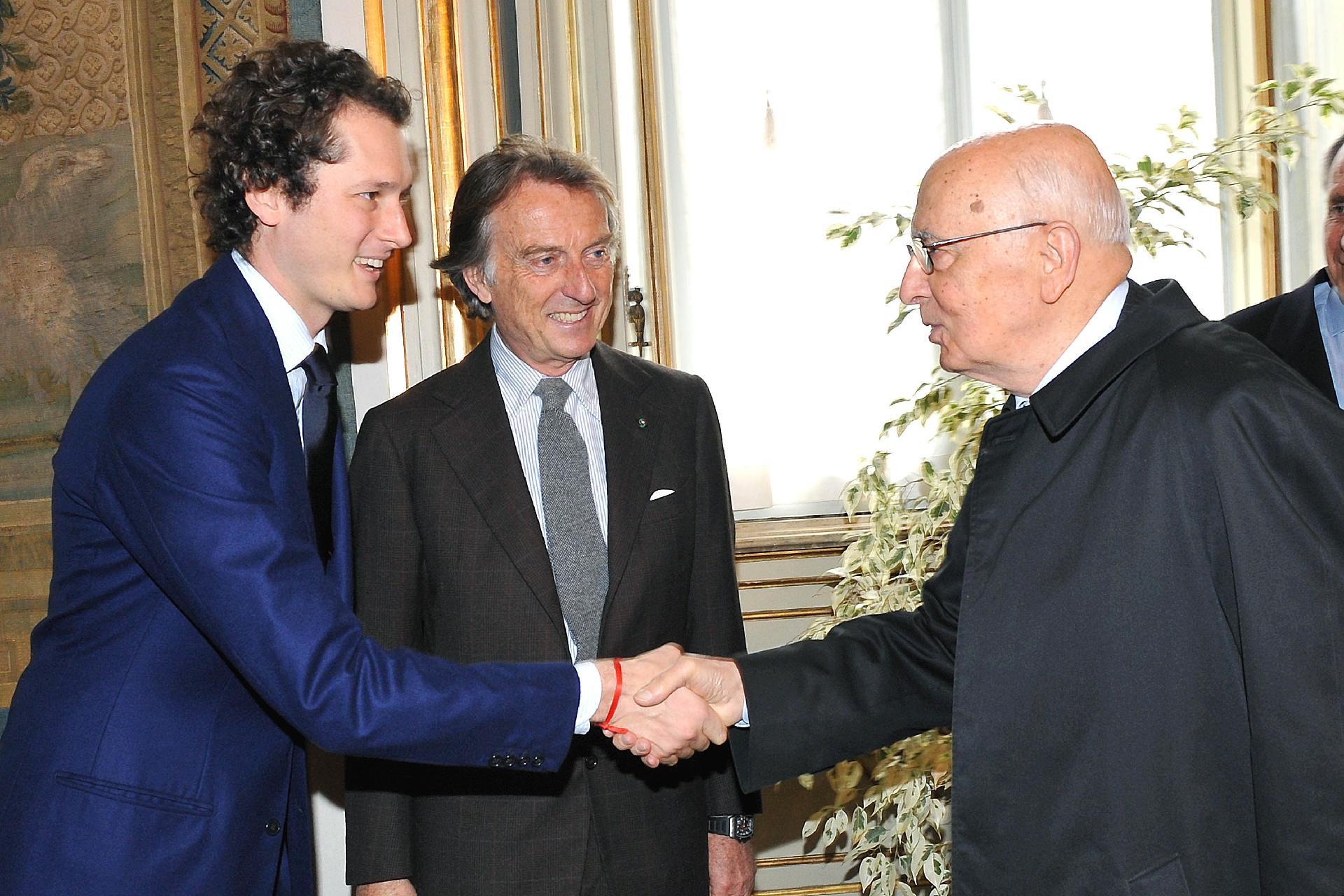 Il Presidente Giorgio Napolitano con Luca Cordero di Montezemolo, Presidente del Gruppo Fiat e John Elkann, Vice Presidente in occasione della presentazione della nuova vettura Alfa Romeo &quot;Giulietta&quot;