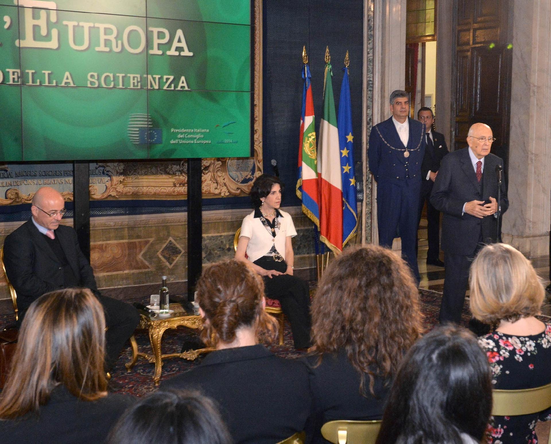 Il Presidente Giorgio Napolitano alla Conferenza &quot;L'Europa della Scienza&quot; nell'ambito del ciclo di incontri &quot;L'Europa siamo noi&quot; organizzato in occasione del semestre di Presidenza Italiana del Consiglio Europeo