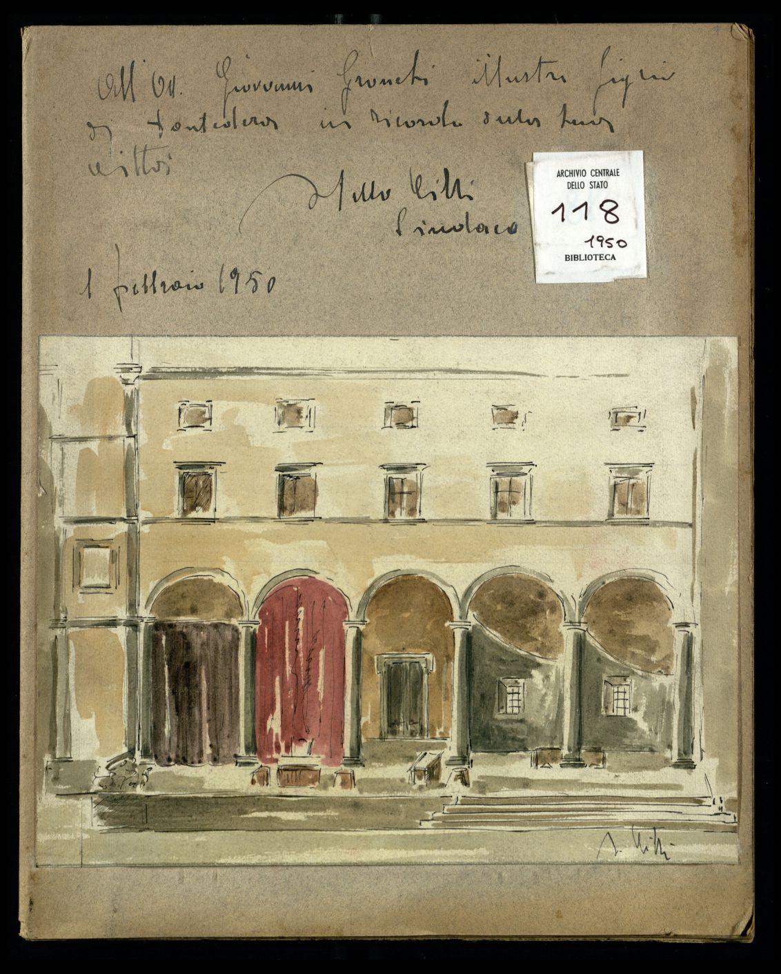 Copertina dell'album con un disegno ad acquarello di Otello Cirri e la dedica: "All'On. Giovanni Gronchi illustre figlio di Pontedera in ricordo della una sua città - Otello Cirri Sindaco - 1 febbraio 1950"