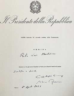 Decreto di nomina a Senatore a vita del Presidente della Repubblica per il Premio Nobel Rita Levi Montalcini