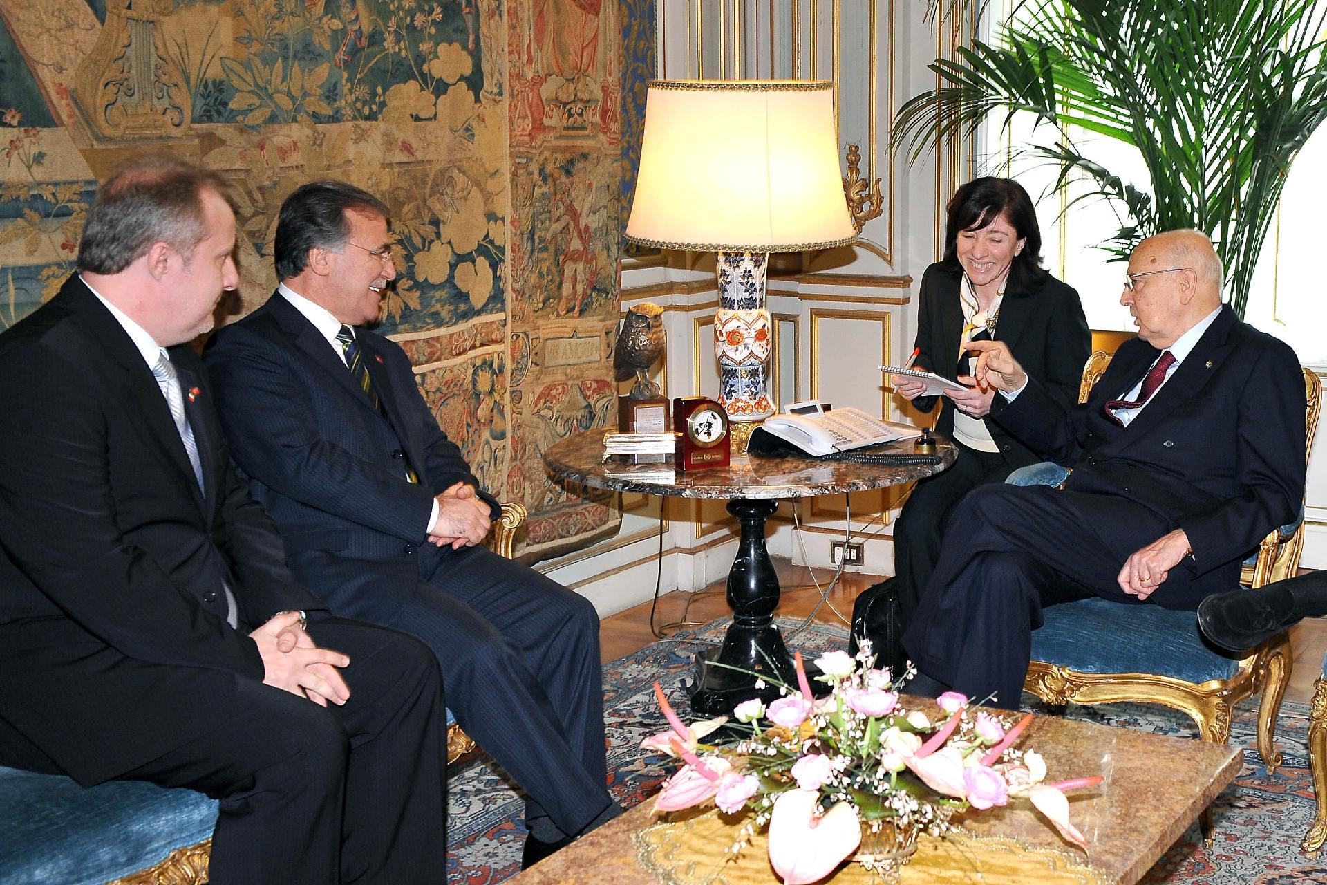 Il Presidente Giorgio Napolitano con il Signor Mehmet Ali Sahin, Presidente della Grande Assemblea Nazionale di Turchia, durante i colloqui
