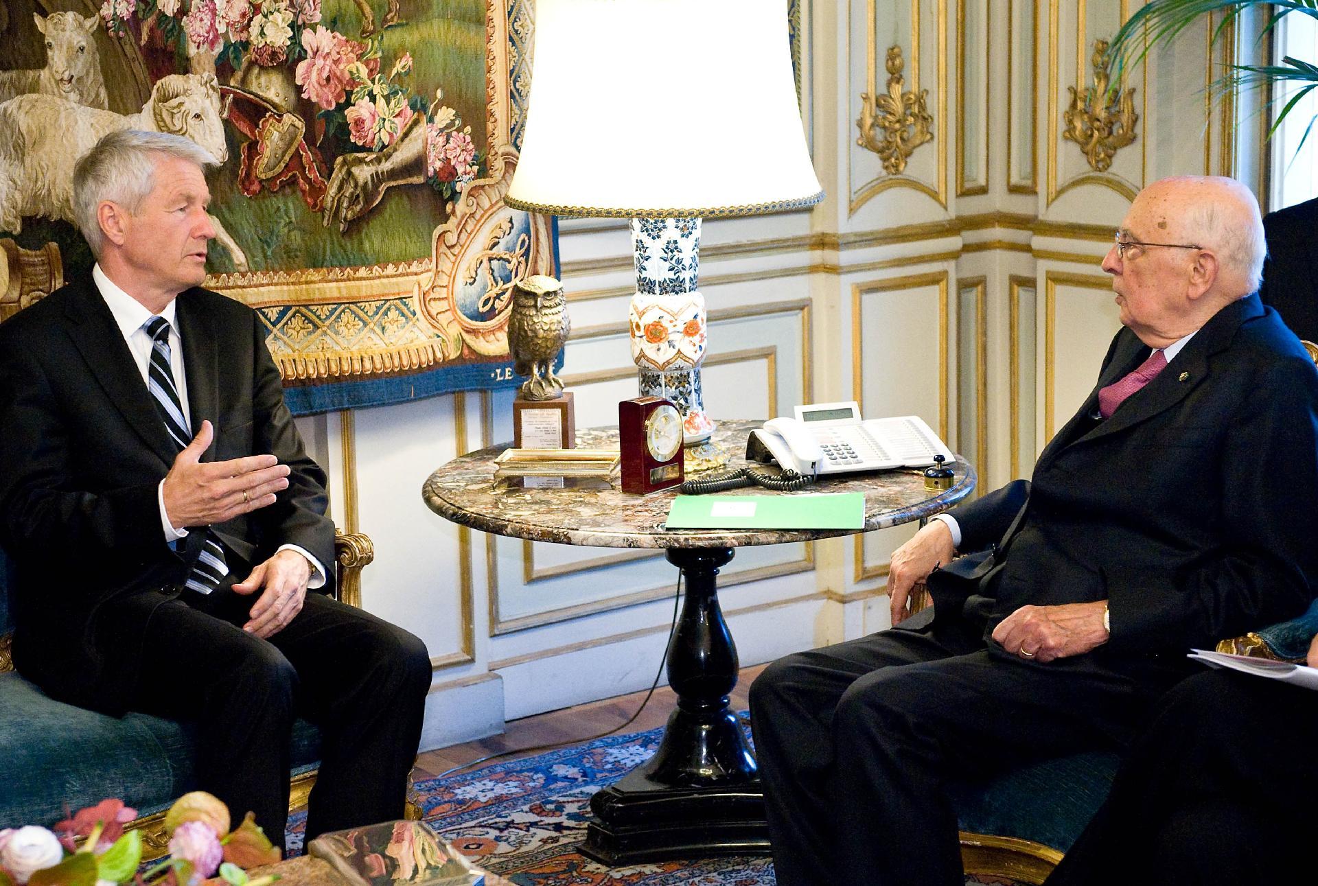 Il Presidente Giorgio Napolitano nel corso dei colloqui con Thorbjorn Jagland, Segretario generale del Consiglio d'Europa