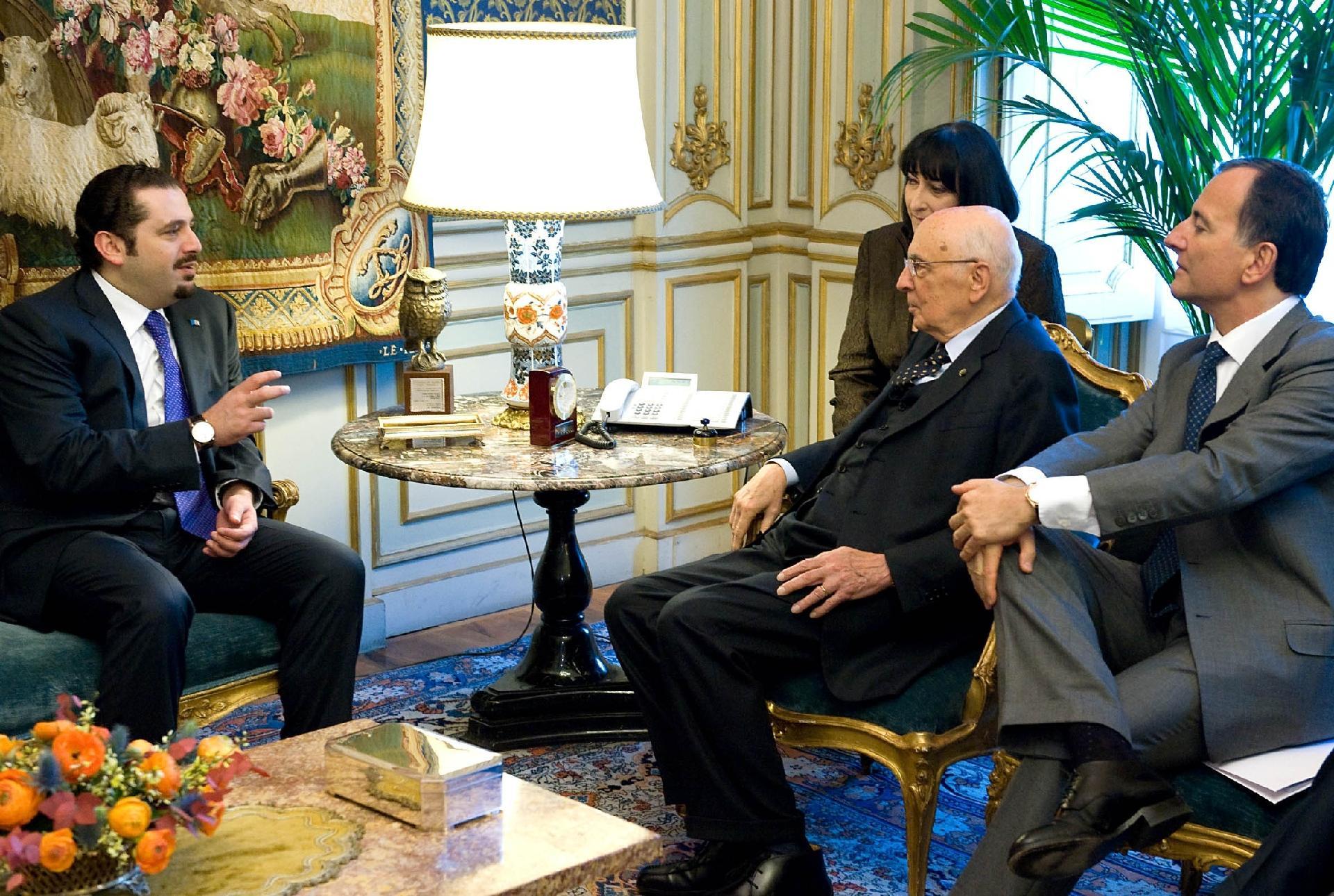Il Presidente Giorgio Napolitano, con il Ministro degli Affari Esteri Franco Frattini durante i colloqui con Saad Hariri, Primo Ministro della Repubblica Libanese