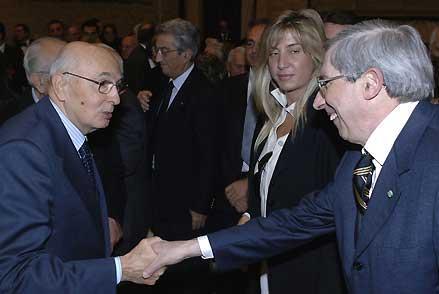 Il Presidente Giorgio Napolitano con Piero Alberto Capotosti, Presidente Emerito della Corte costituzionale in occasione della cerimonia di presentazione dei volumi "Valori e principi del regime Repubblicano" a cura di Silvano Labriola
