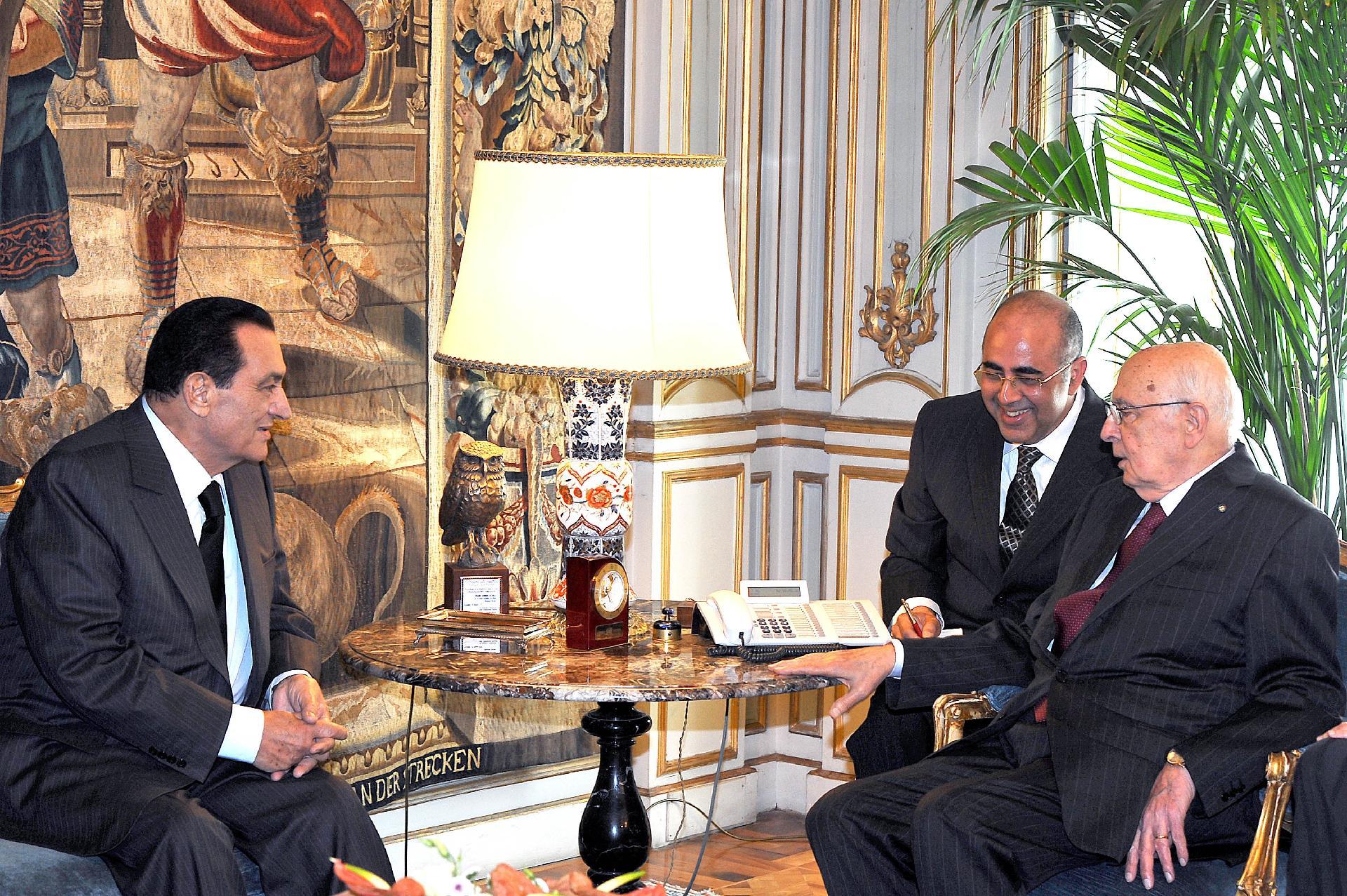 Il Presidente Giorgio Napolitano con il Sig. Hosni Mubarak, Presidente della Repubblica Araba d'Egitto, durante i colloqui