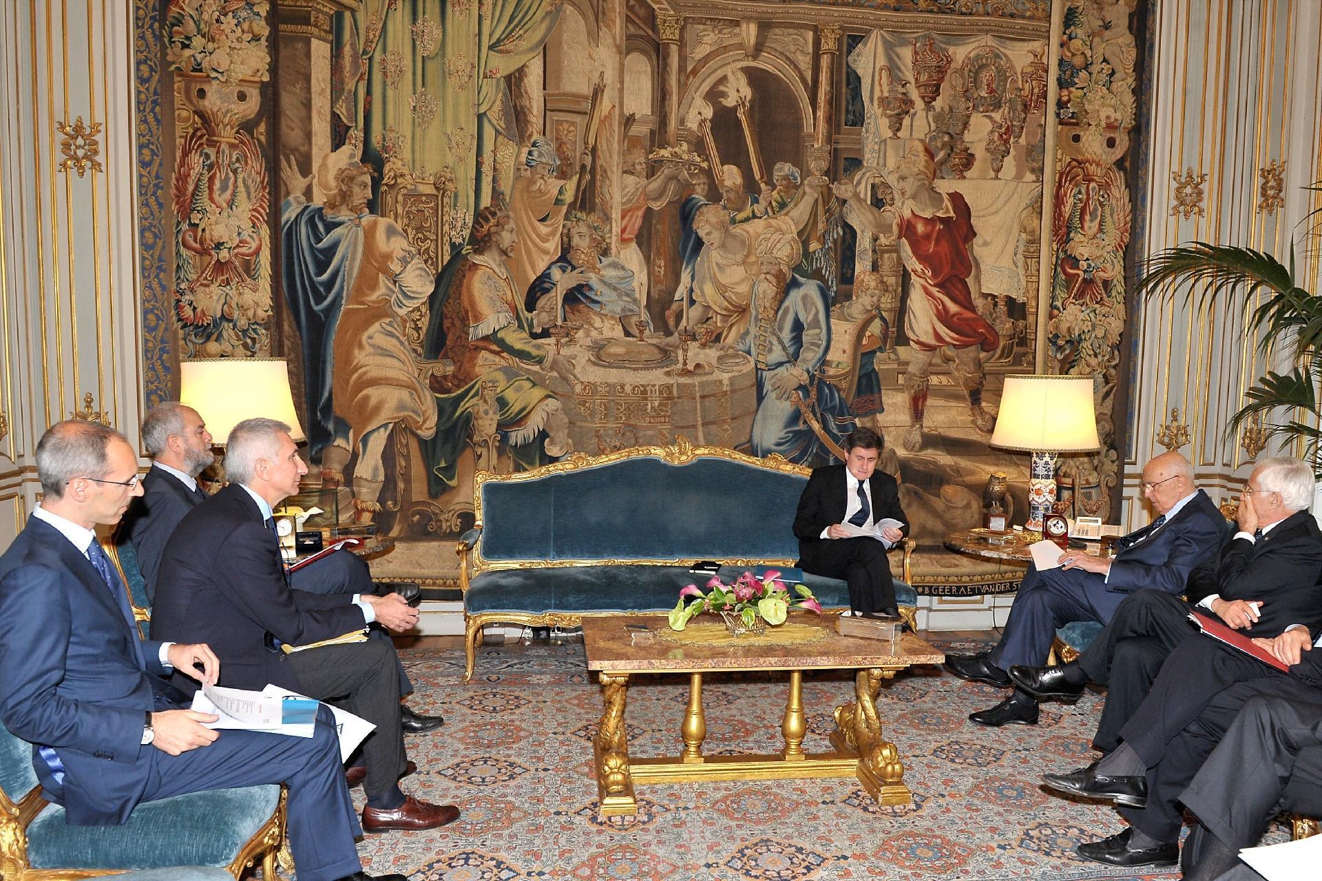 Il Presidente Giorgio Napolitano in occasione dell'incontro con il sindaco di Roma, Giovanni Alemanno, l'Assessore alle Politiche Culturali e Comunicazione, Umberto Croppi, e il Sovrintendente ai Beni Culturali Umberto Broccoli