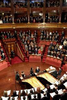 Un momento del Concerto di Natale durante l'esecuzione dell'Inno Nazionale, nell'Aula di Palazzo Madama, presenti le Alte Cariche Istituzionali