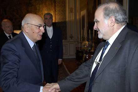 Il Presidente Giorgio Napolitano con il Presidente della Fondazione per il Sud Savino Pezzotta, in occasione dell'incontro con i componenti del Consiglio di Amministrazione della Fondazione.