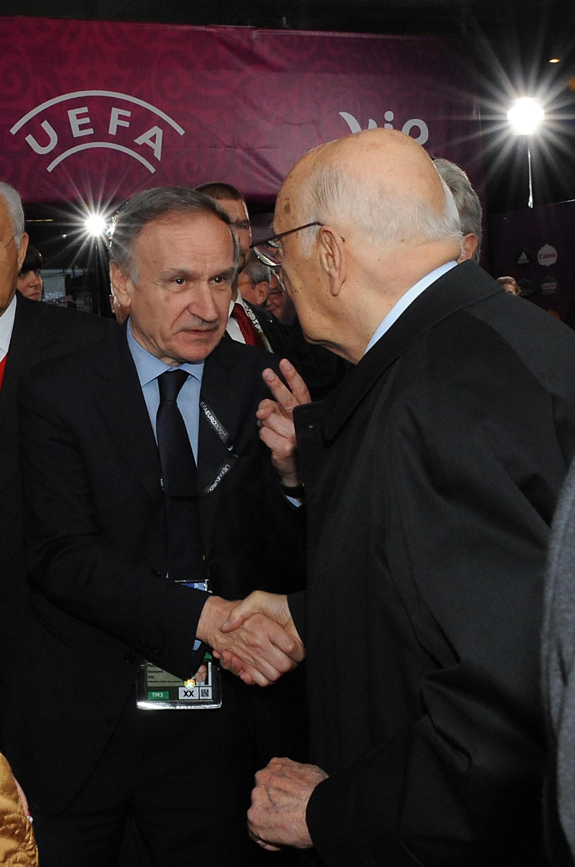 l Presidente Giorgio Napolitano con Giovanni Petrucci Presidente del CONI allo stadio "Arena Gdansk " per la partita "Italia-Spagna" dei Campionati Europei di Calcio 2012