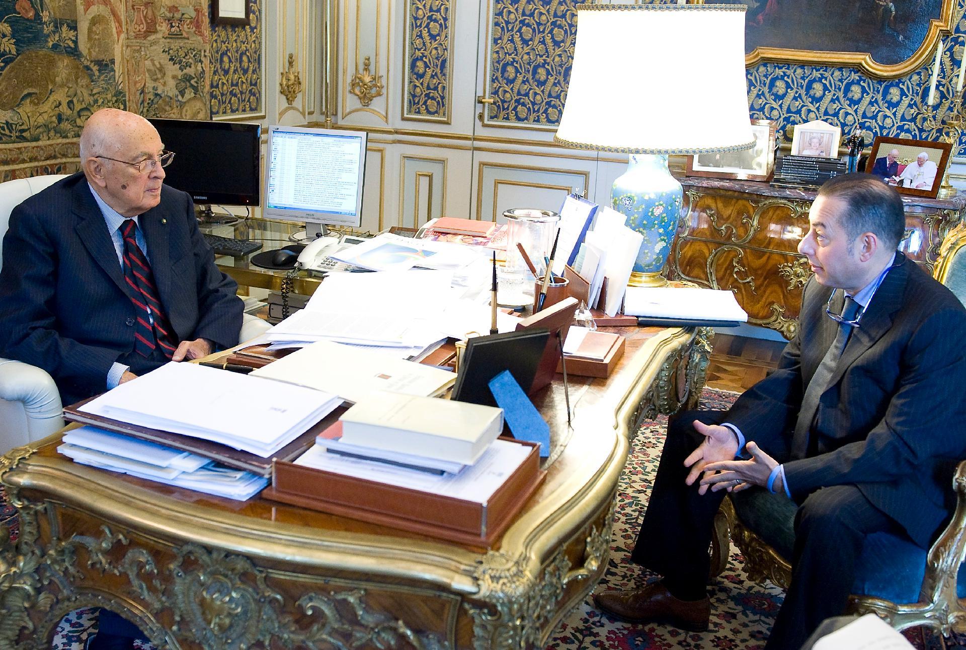 Il Presidente Giorgio Napolitano nel corso dell'incontro con Gianni Pittella, Vice Presidente Vicario del Parlamento Europeo