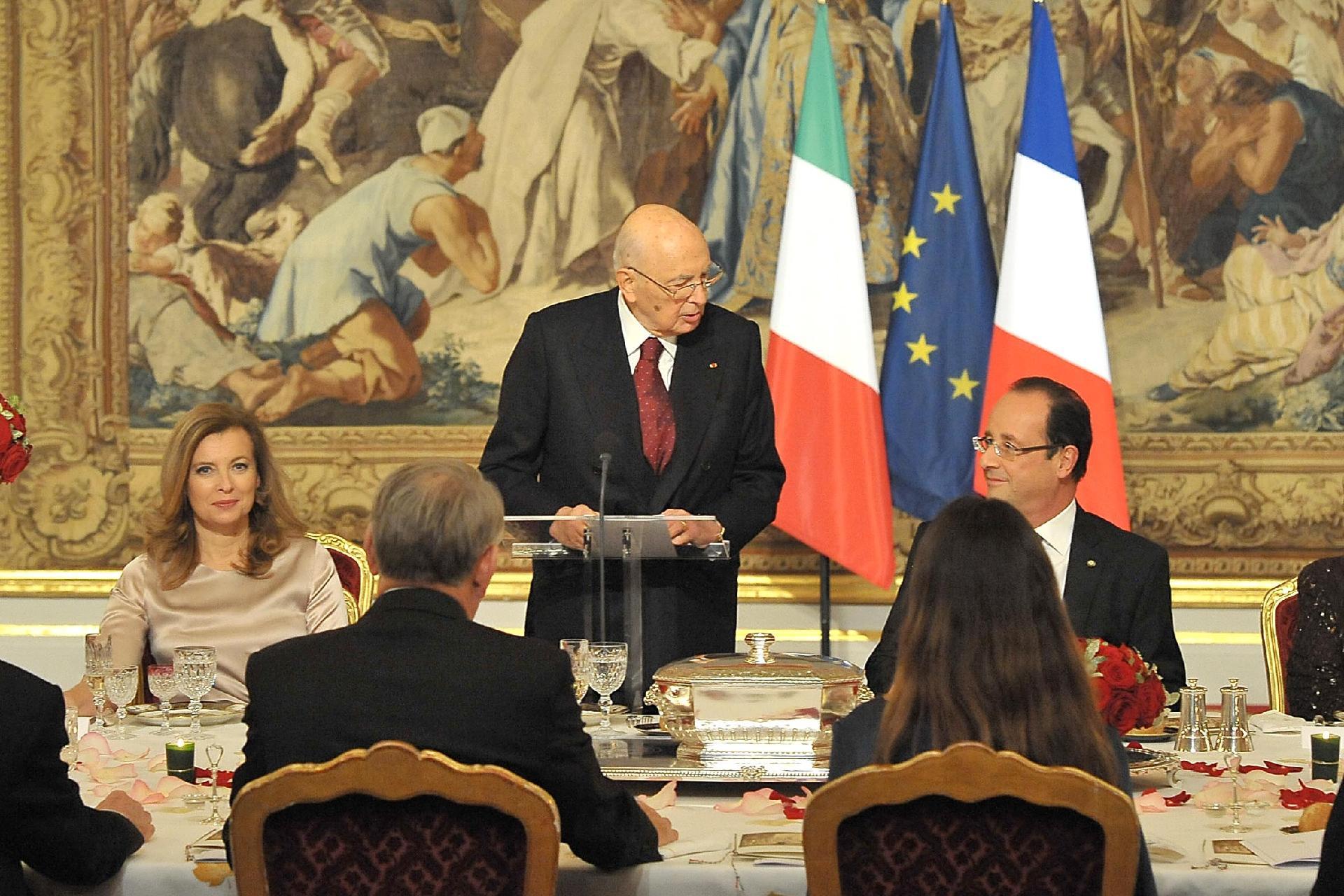 Il Presidente Giorgio Napolitano in occasione del Brindisi al Pranzo di Stato offerto dal Presidente della Repubblica francese Francois Hollande