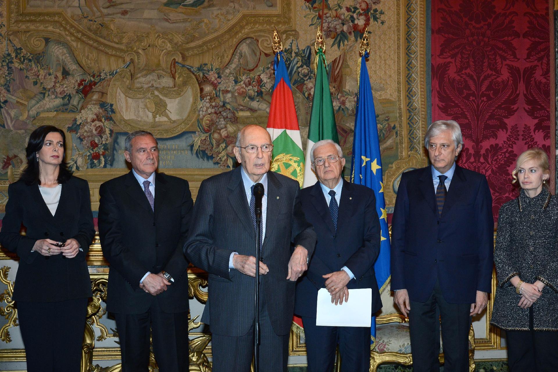 Il Presidente Giorgio Napolitano durante la dichiarazione dopo la comunicazione dell'esito del voto