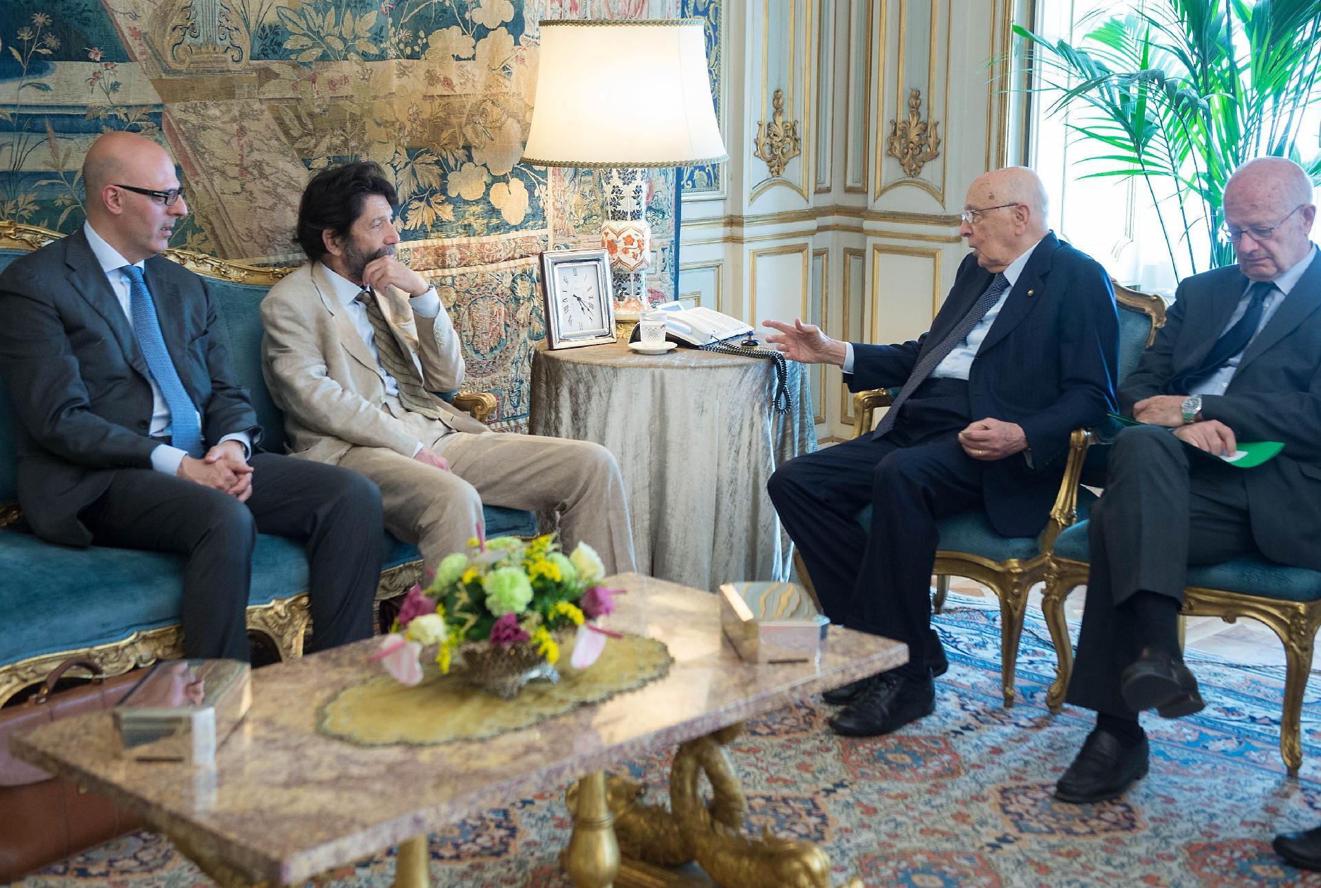 Il Presidene Giorgio Napolitano con Massimo Cacciari e Nicola Pellicani, che gli hanno presentato il volume "Giorgio Napolitano. I discorsi veneziani"