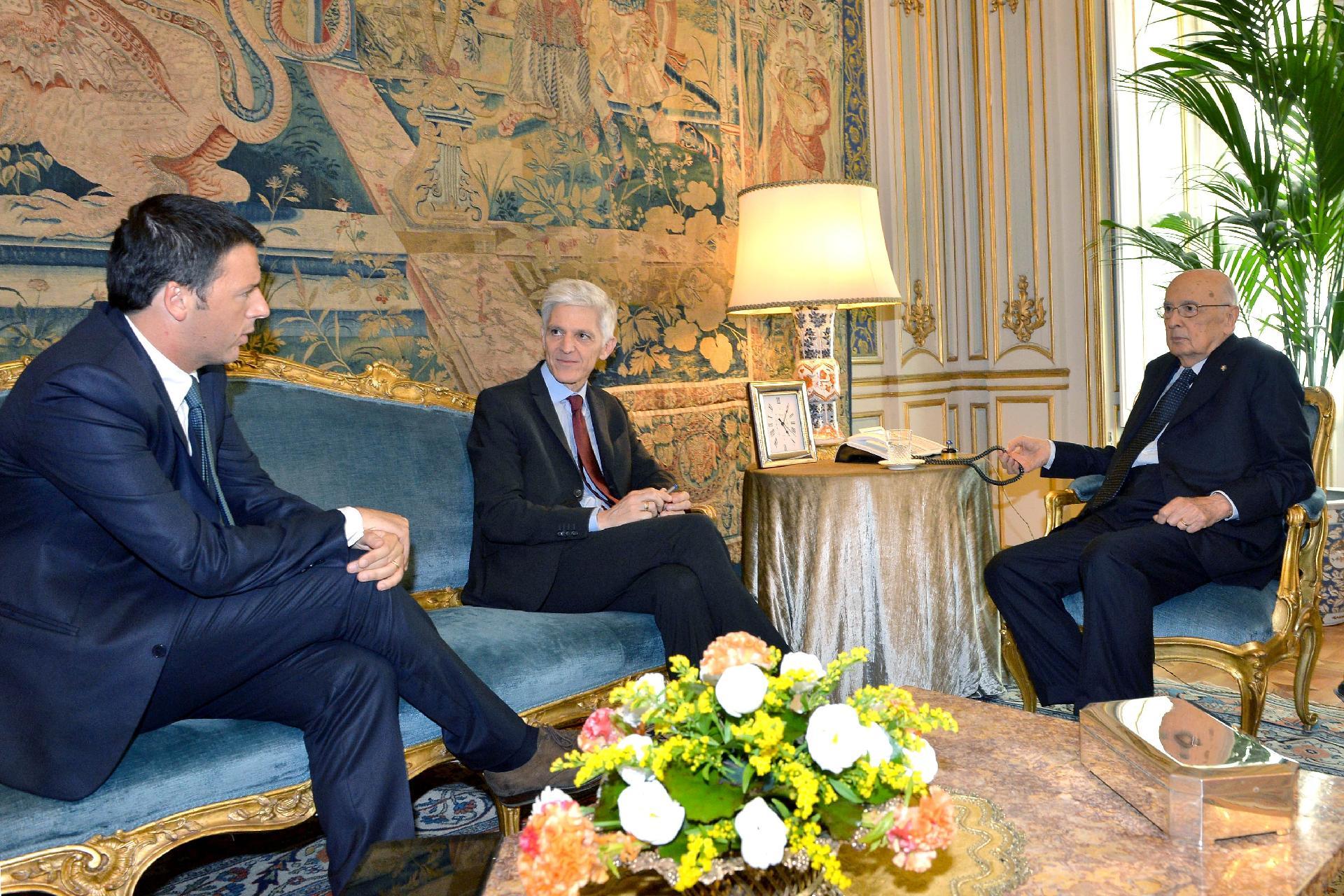 Il Presidente Giorgio Napolitano con il Dott. Massimo Bray, Ministro per i Beni e le Attività Culturali e il Dott. Matteo Renzi, Sindaco del Comune di Firenze, durante i colloqui
