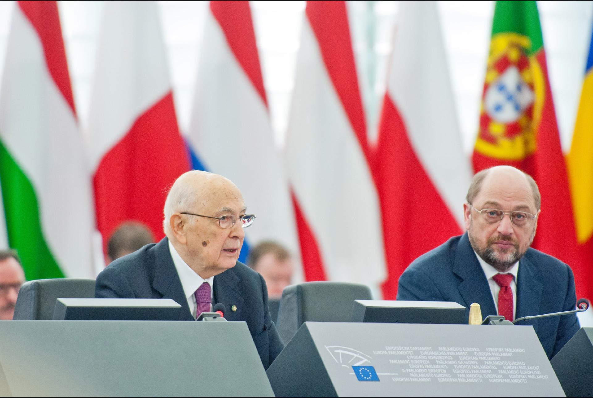 Il Presidente Giorgio Napolitano e il Presidente del Parlamento Europeo Martin Schulz nel corso della Plenaria