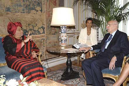 Il Presidente Giorgio Napolitano con Ellen Johnson Sirleaf, Presidente della Repubblica di Liberia, durante i colloqui al Quirinale