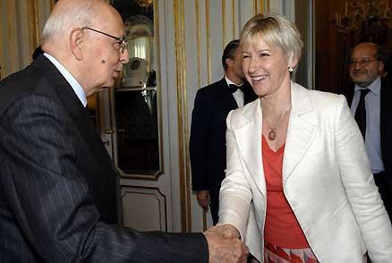 Il Presidente Giorgio Napolitano accoglie Margot Wallstrom, Vice Presidente della Commissione Europea