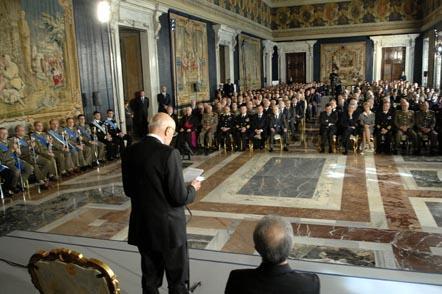 Il Presidente Giorgio Napolitano durante il suo intervento, in occasione delle celebrazioni nel Giorno dell'Unità Nazionale e della Festa delle Forze Armate