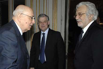 Il Presidente Giorgio Napolitano con Sergio Escobar e Luca Ronconi, rispettivamente Direttore e Direttore Artistico del Piccolo Teatro di Milano