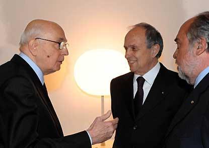 Il Presidente Giorgio Napolitano con il Presidente e Amministratore Delegato di Finmeccanica Pier Francesco Guarguaglini e il Direttore generale di Finmeccanica Giorgio Zappa, in occasione della celebrazione del 60° anniversario di Finmeccanica.