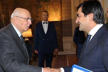Il Presidente Giorgio Napolitano con Luca Palamara, Presidente dell'Associazione Nazionale Magistrati in occasione dell'incontro con una delegazione del sodalizio