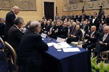 Il Presidente Giorgio Napolitano durante il Convegno su "Luigi Einaudi" introdotto dal Presidente della Treves Editore, Nicolò Sella di Monteluce a Montecitorio
