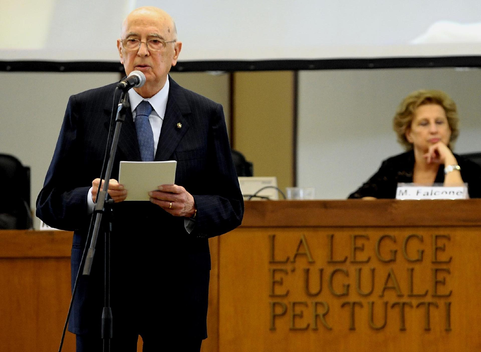 Il Presidente Giorgio Napolitano durante il suo intervento nell'Aula bunker