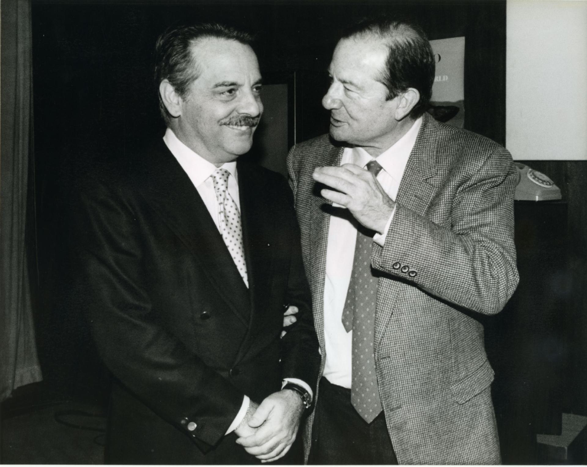 Gianni Bisiach con Giampaolo Sodano, direttore di Rai Due, a &quot;Radio anch&apos;io&quot; nello studio 8 di via Asiago n. 10 a Roma nel 1990