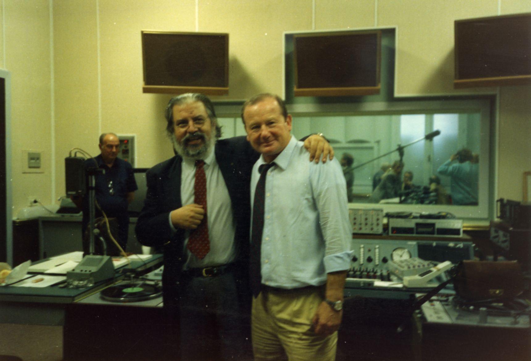 Gianni Bisiach con Ennio Ceccarini a &quot;Radio anch&apos;io&quot; nello studio 8 di via Asiago n. 10 a Roma nel 1990