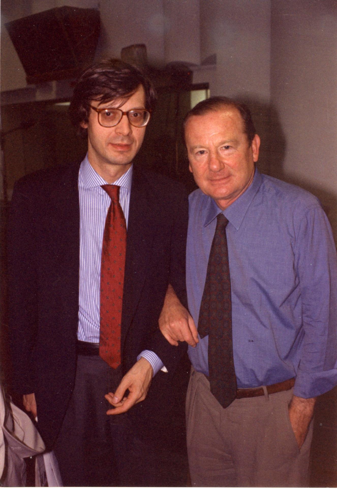 Gianni Bisiach con Vittorio Sgarbi a &quot;Radio anch&apos;io&quot; nello studio 8 di via Asiago n. 10 a Roma nel 1990