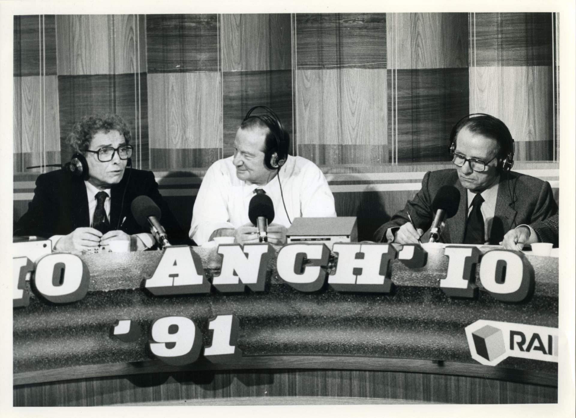 Gianni Bisiach con Giovanni Baldari e Corrado Guerzoni a &quot;Radio anch&apos;io TV&quot; nello studio 8 di via Asiago n. 10 a Roma nel 1991