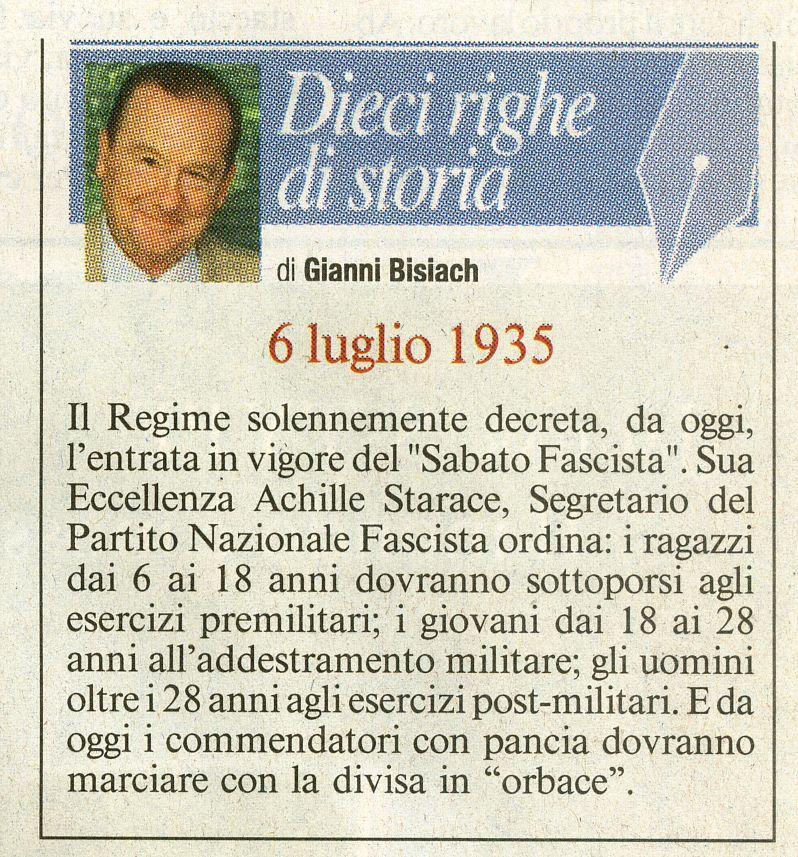 Il Regime decreta il Sabato Fascista