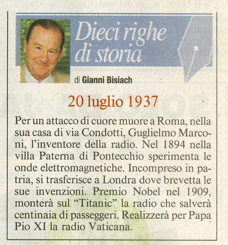 Roma, Via Condotti, muore Guglielmo Marconi, inventore della radio