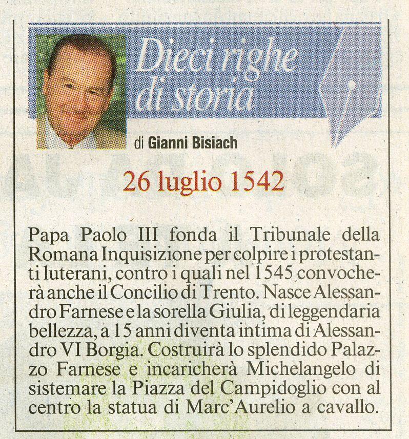 Papa Paolo III fonda il Tribunale della Romana Inquisizione per colpire i protestanti luterani