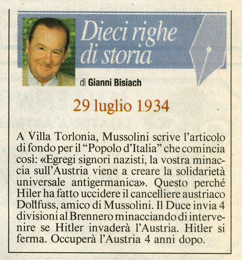 Mussolini scrive sul &quot;Popolo d&apos;Italia&quot; minacciando d&apos;intervenire se Hitler invader&#224; l&apos;Austria