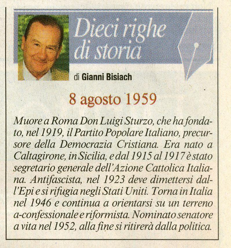 Muore a Roma Don Luigi Sturzo, fondatore del Partito Popolare Italiano