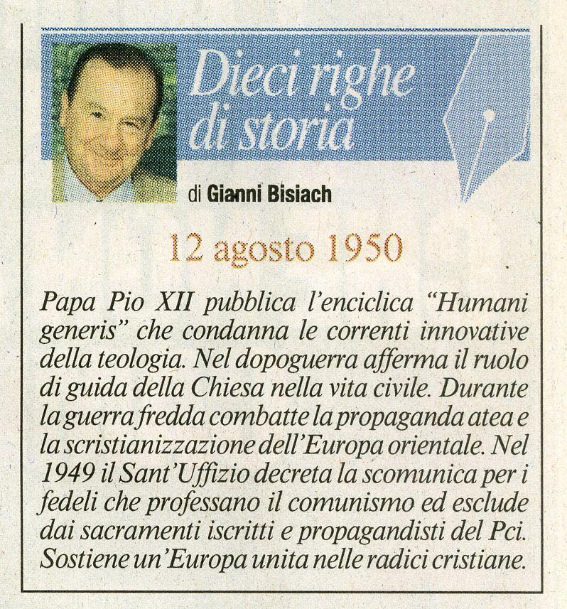 Papa Pio XII pubblica l'enciclica "Humani generis"