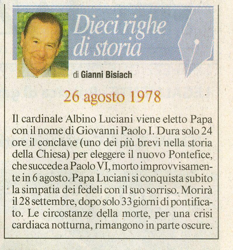 Il Cardinale Albino Luciani viene eletto Papa con il nome di Giovanni Paolo I