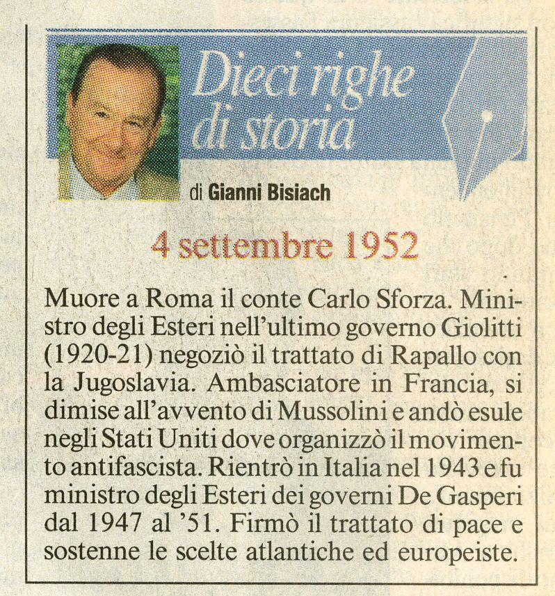 Muore a Roma il conte Carlo Sforza
