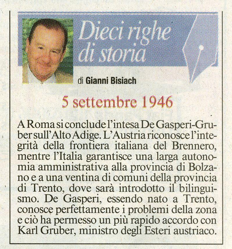 A Roma si conclude l'Intesa  De Gasperi - Gruber sull' Alto Adige