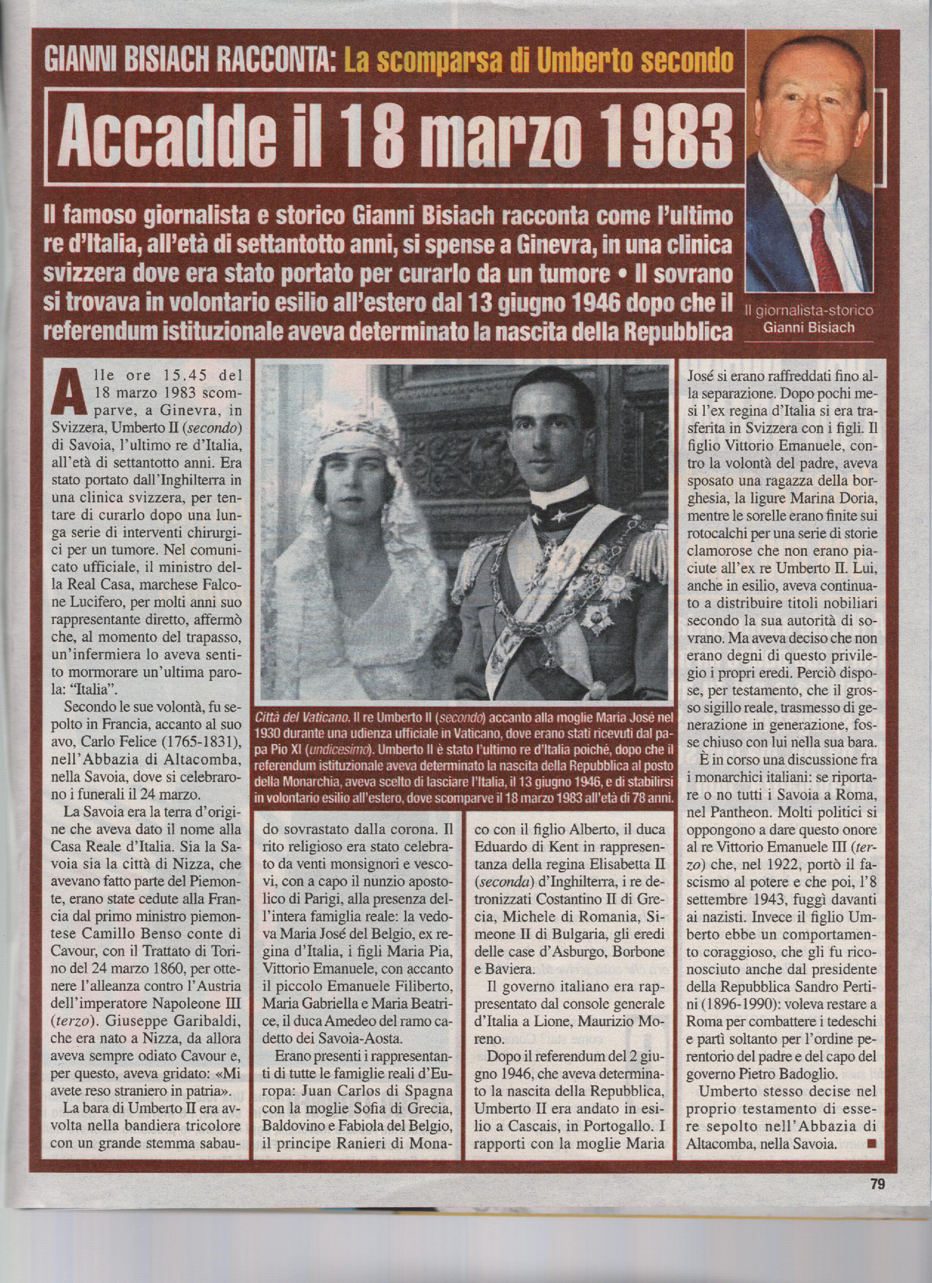 La morte di Umberto II, ultimo re d'Italia