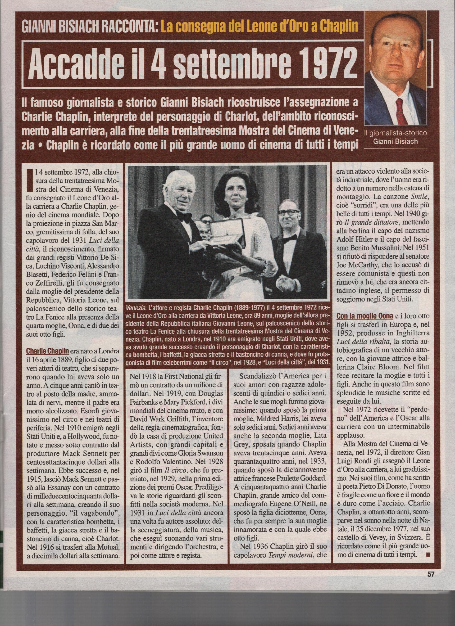 La consegna del leone d'Oro a Chaplin