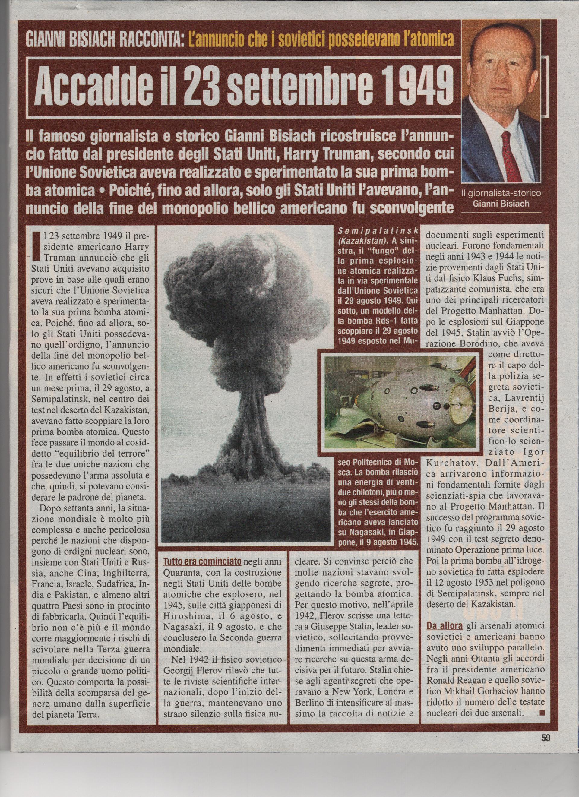 L'annuncio che i sovietici possedevano l'atomica