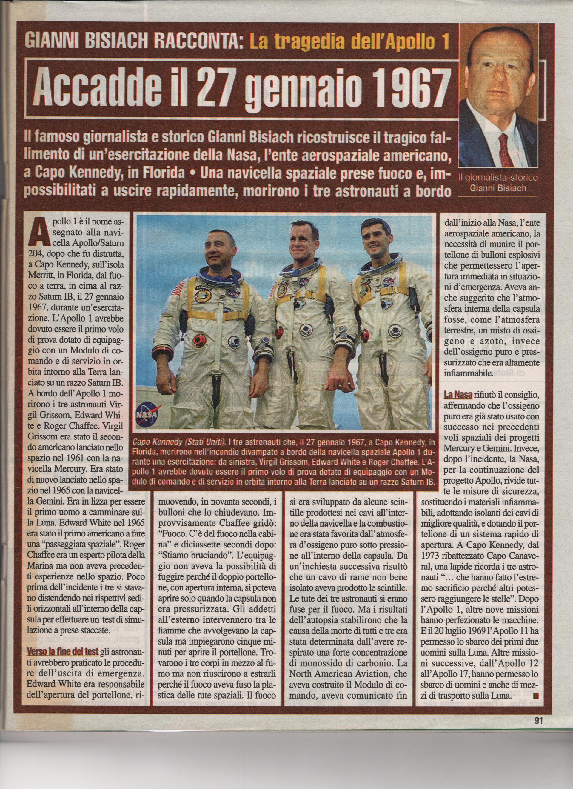 L'incendio dell'Apollo 1 uccide gli astronauti Grissom, White e Chaffee