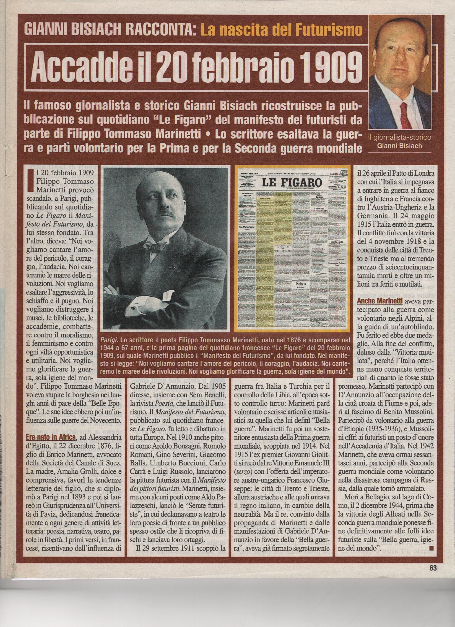 Marinetti pubblica a Parigi il Manifesto dei Futuristi