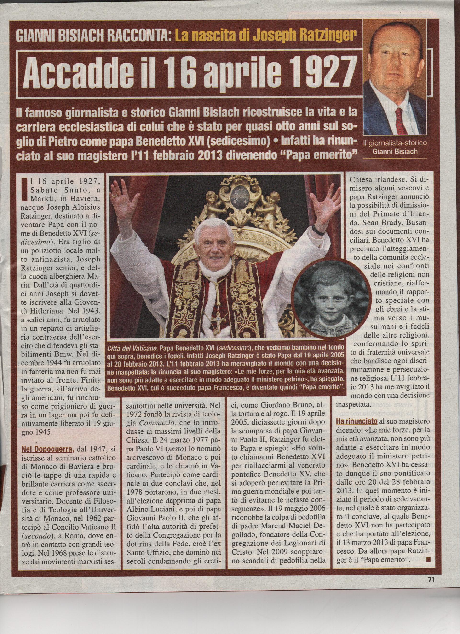 La nascita di Joseph Ratzinger, futuro Papa Benedetto XVI