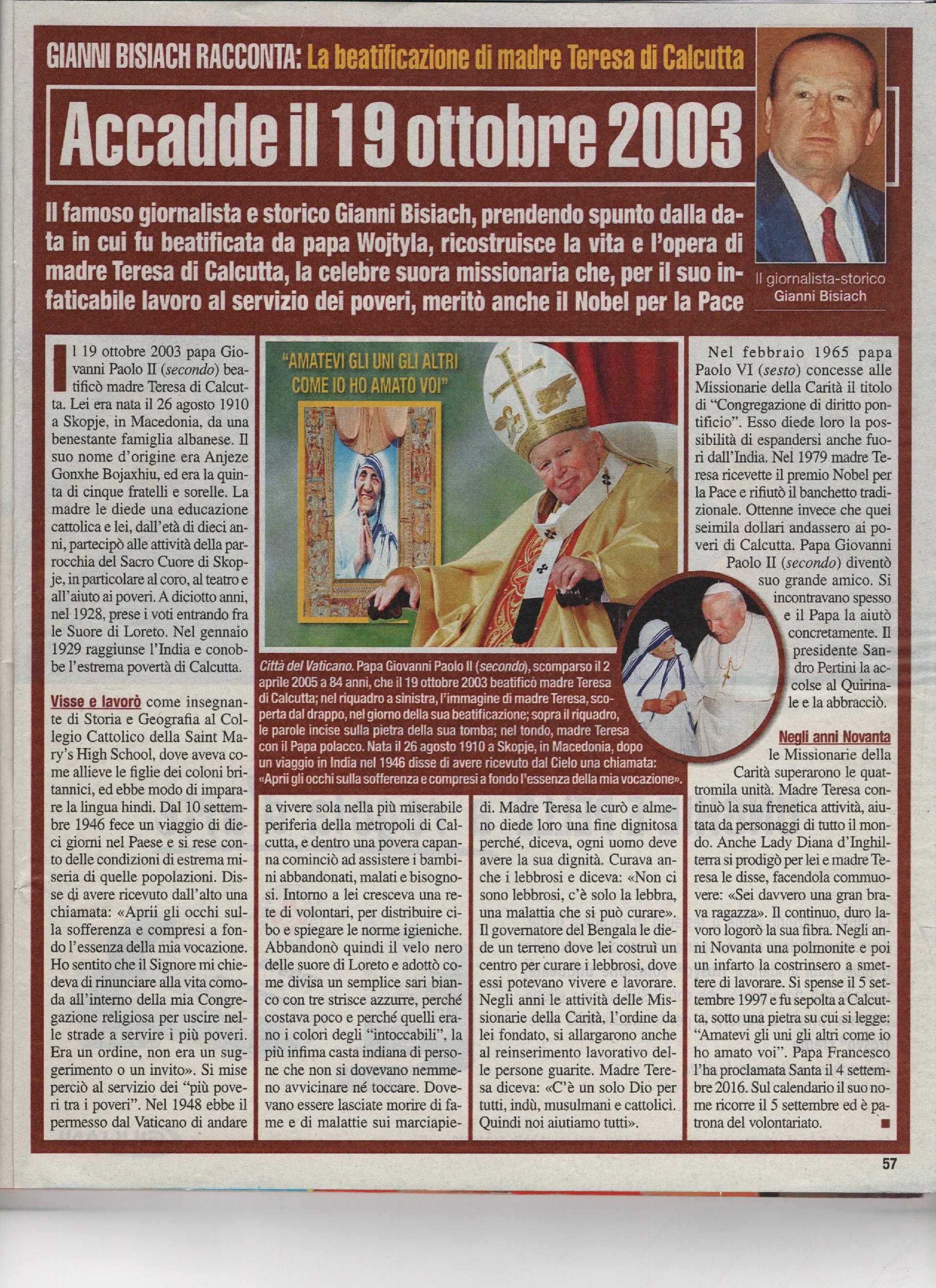 Papa Giovanni Paolo II beatifica Madre Teresa di Calcutta