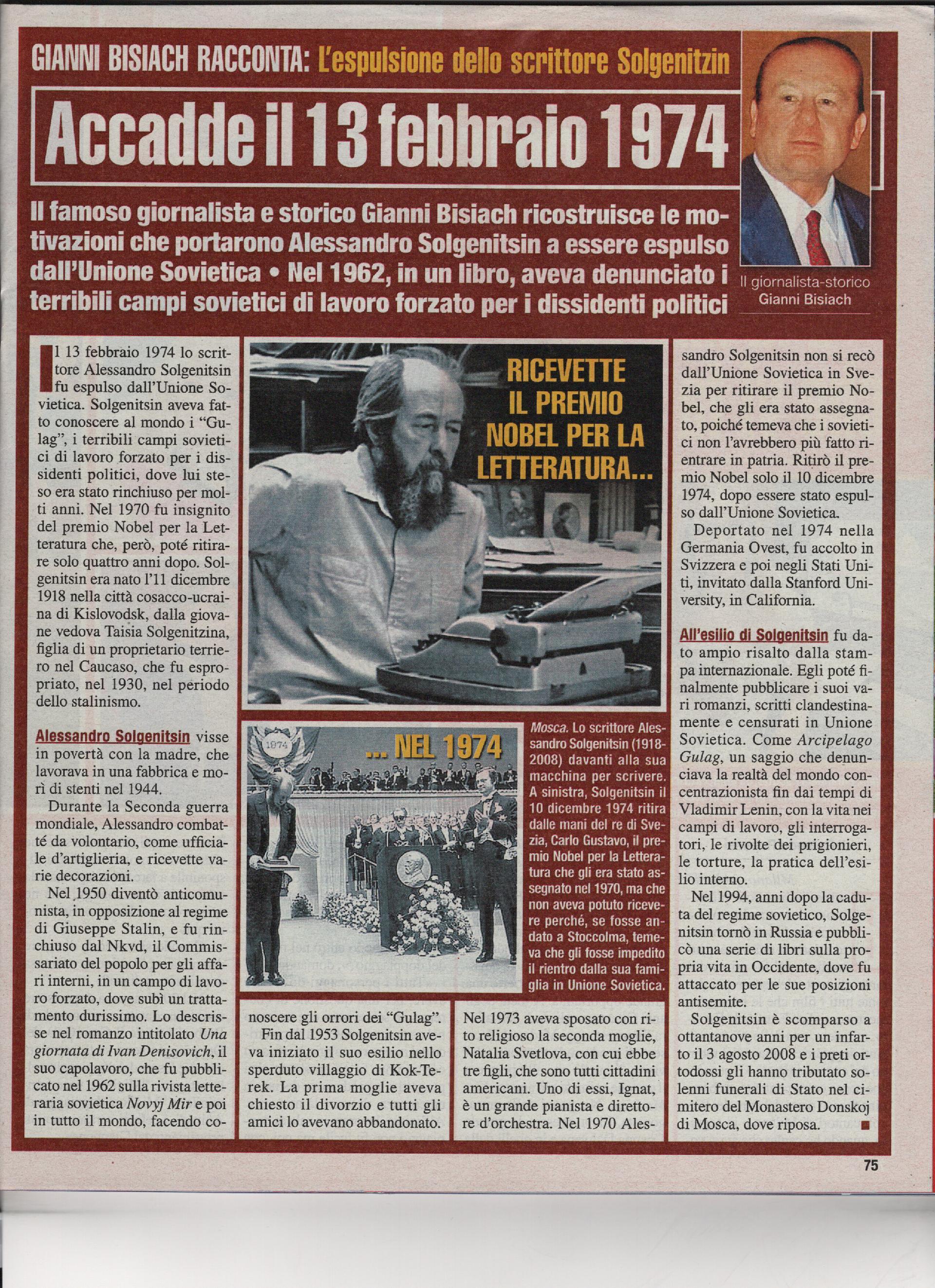 E' espulso dall'Unione Sovietica lo scrittore Alessandro Solgenitzin