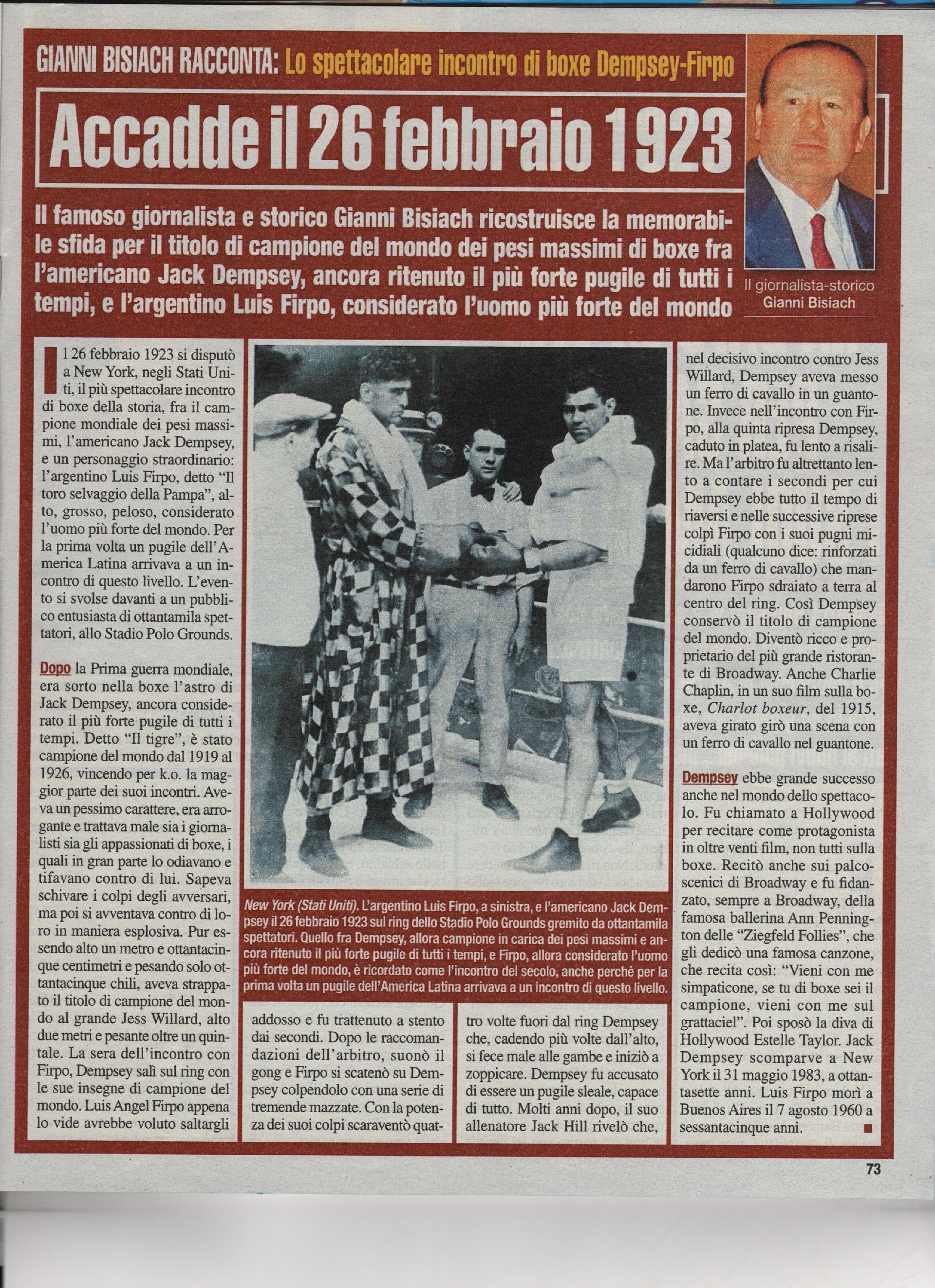 Il grande incontro di boxe Dempsey-Luis Firpo