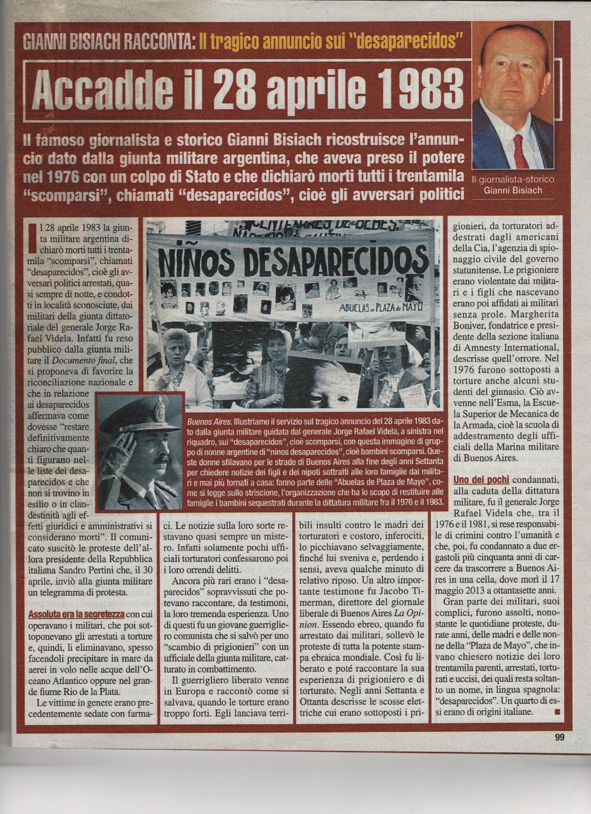 Il Governo Argentino annuncia che tutti i 30.000 "desaparecidos" sono morti